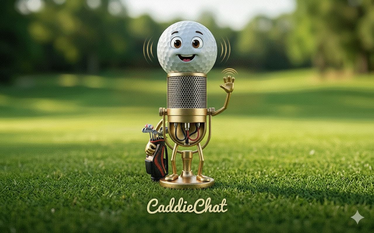CaddieChat mascot - friendly golf ball on vintage microphone
